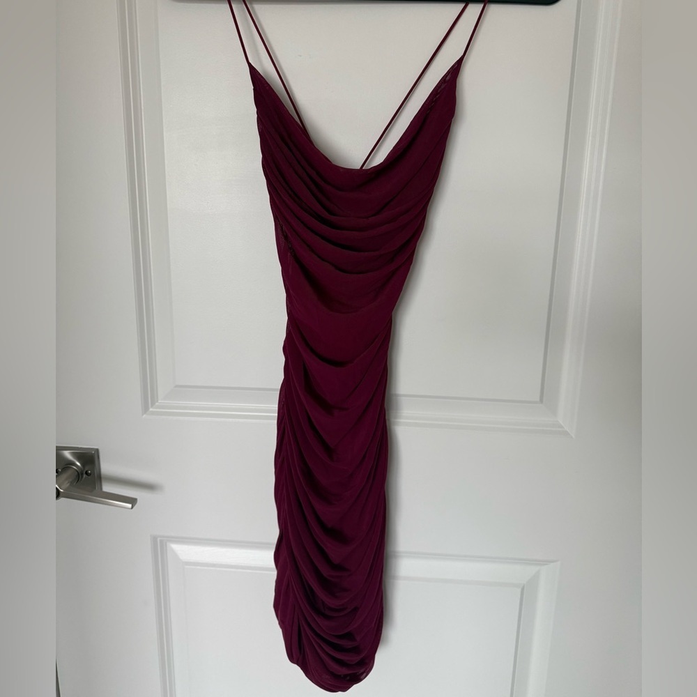 Elegant Strappy Burgundy Cowl Neck Draped Dress